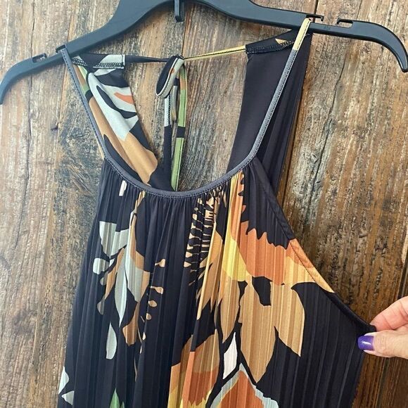 Suzanne Betro S Gray Floral Sexy Halter Accordion Flowy Flouncy Maxi Dress - Picture 5 of 14